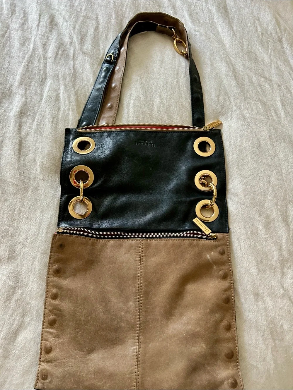 Hammitt Tan Leather Crossbody Bag with Gold Grommet Accents